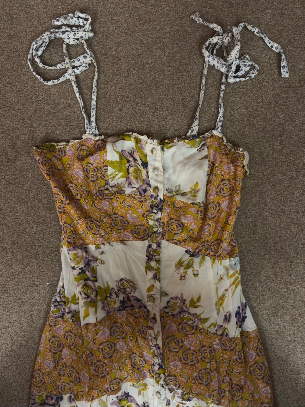 Free People Floral Tie-Shoulder Sundress Top in Mustard and White size 0